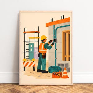 Könnte beinhalten: Eine gerahmte Illustration eines Bauarbeiters mit gelbem Schutzhelm und orangefarbener Warnweste, der elektrische Leitungen an einer Betonwand installiert. Die Szene zeigt ein Gerüst, einen Pylon, einen Werkzeugkasten und blaue Rohre.
