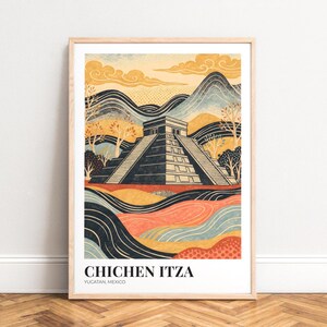 Travel Poster - Chichen Itza illustration, textured graphic style, navy gold coral palette, UNFRAMED