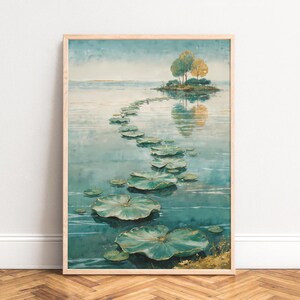 Poster Näckrosstig i akvarell, fridfulla turkosa och guldfärgade accenter, öreflektion, meditativ botanisk väggkonst, A1/A2/A3/A4