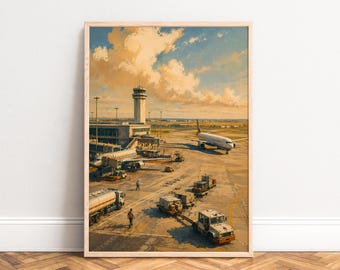 Airport Poster, Vintage Travel Print, Sky Blue and Gold, Living Room and Office Wall Art, Gift for Travelers A1/A2/A3/A4