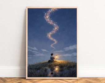 Poster, lantern night, color startrail, dreamy blue tones, fantasy landscape, serene mood wall art print, magic atmosphere, A1/A2/A3/A4