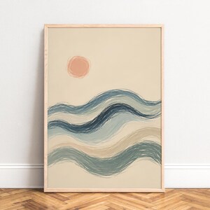 Abstract Wave Poster, Minimal Line Art, Beige Blue, Living Room Wall Art, Gift A1/A2/A3/A4