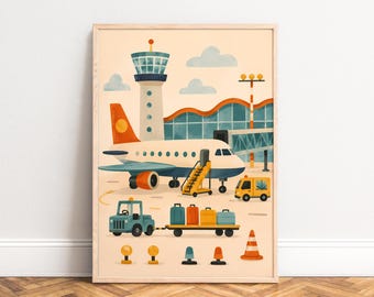 Airplane Poster, Retro Travel Illustration, Orange Blue, Kids Room Wall Art, Gift for Plane Fans A1/A2/A3/A4