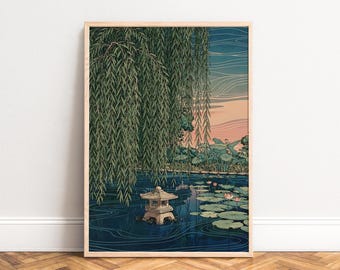 Poster Japanese garden pond,  willow,  lotus,  stone lantern,  tranquil twilight hues,  minimal line style,  botanical print A3 edition