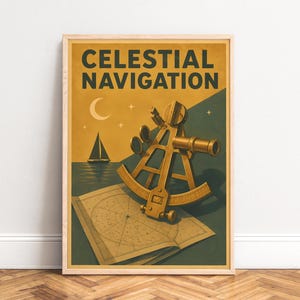 May include: A framed poster titled CELESTIAL NAVIGATION featuring a golden sextant resting on a star chart. The background displays a dark green and yellow sky with a crescent moon, stars, and a small sailboat silhouette on the water below.