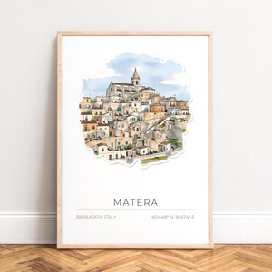 Poster Matera - Stadtillustration, zeitgenössische Reisekunst, warme Terrakotta- und Pastelltöne, UNGERAHMT