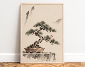 May include: A framed wall art print featuring a watercolor-style illustration of a bonsai tree in a brown pot. The tree has dark green needles and a few small red leaves, set against a light beige background with dark gray brush strokes.