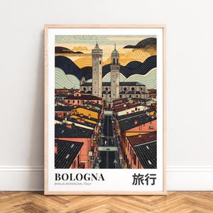 Póster de viaje con vista de la ciudad de Bolonia, ilustración gráfica, paleta de terracota turquesa, SIN MARCO