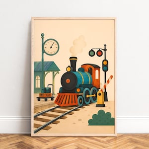 Könnte beinhalten: Ein gerahmter Wandkunstdruck mit einer blauen und orangefarbenen Dampflokomotive auf Bahngleisen. Die Szene zeigt einen Bahnsteig mit einer Uhr, einem Gepäckwagen, einem Signalmast und einem beschrankten Bahnübergang auf beigem Hintergrund.