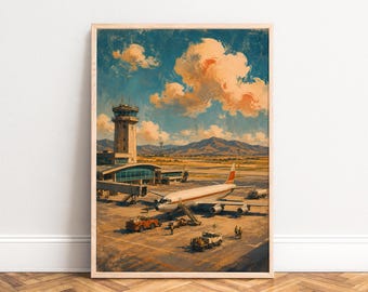 Airport Poster, Vintage Travel Wall Art, Blue Orange, Living Room Office, Gift for Travelers A1/A2/A3/A4