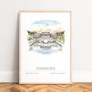 Póster de Chengdu - Ilustración de la ciudad de Sichuan, China, impresión de un puente en acuarela, arte mural minimalista para sala de estar y oficina, sin marco