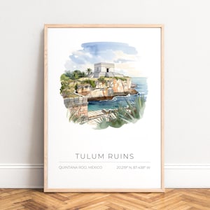 Póster Ruinas de Tulum - Impresión de acuarela de viaje, Templo Maya, Costa Turquesa, SIN MARCO