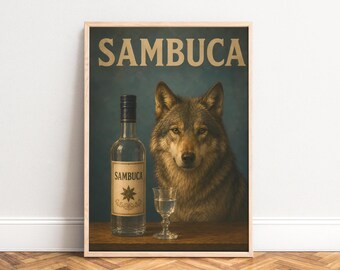 Sambuca Poster, Vintage Liquor Wall Art, Dark Green, Bar Kitchen Living Room, Gift for Collectors A1/A2/A3/A4