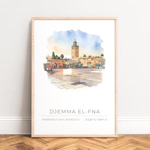Poster Djemaa El‑Fna - Marrakech watercolor cityscape, warm palette, minimal design, UNFRAMED