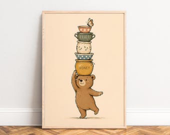 Bear Poster, Cute Animal Illustration, Soft Beige Tones, Nursery Wall Art, Gift for Animal Lovers A3 A4