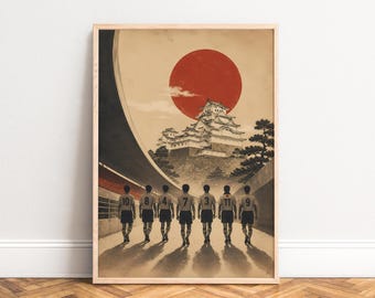 Japan Poster, Samurai Football Wall Art, Vintage Retro, Red Beige, Living Room Office, Japan Gift A1/A2/A3/A4