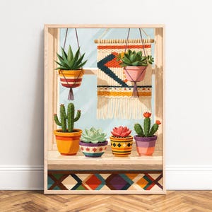 Posters met vetplanten en cactussen, boho, eclectisch, potten met patronen, hangend macramé, warme raamdecoratie, botanische muurprint
