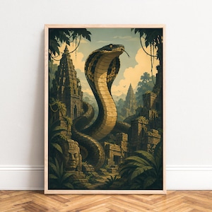 May include: A framed wall art print featuring a large cobra snake with dark scales and a light-colored underbelly, positioned in the center of a jungle landscape with ancient stone temple ruins, carved stone faces, and lush green tropical foliage.