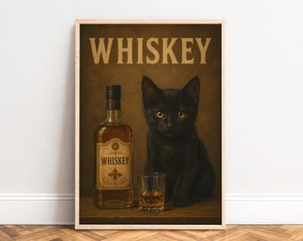 Whiskey Cat Poster, Vintage Wall Art, Brown Gold, Living Room Bar Decor, Cat Lover Gift A1/A2/A3/A4