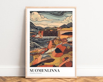 Suomenlinna Travel Poster - graphic halftone fortress illustration, orange‑teal coastal mood, UNFRAMED