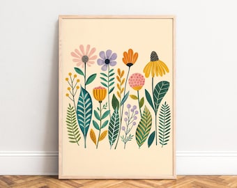 Flower Poster, Mid-Century Botanical Wall Art, Pastel Tones, Living Room, Office, Plant Lover Gift A1/A2/A3/A4