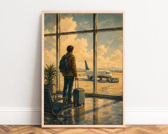 Airport Poster, Vintage Travel Wall Art, Gold Blue, Living Room Office, Gift for Travelers A1/A2/A3/A4