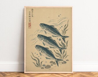 Fish Poster, Japanese Ink Illustration, Beige Blue, Living Room Kitchen Office, Gift for Fish Lovers