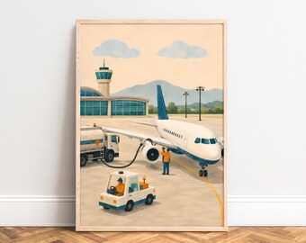 Airport Poster, Vintage Travel Wall Art, Blue Beige, Living Room Office, Gift for Travel Fans A1/A2/A3/A4