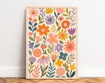 Flower Poster, Retro Floral Wall Art, Pastel Colors, Living Room and Kitchen, Gift for Her A1/A2/A3/A4