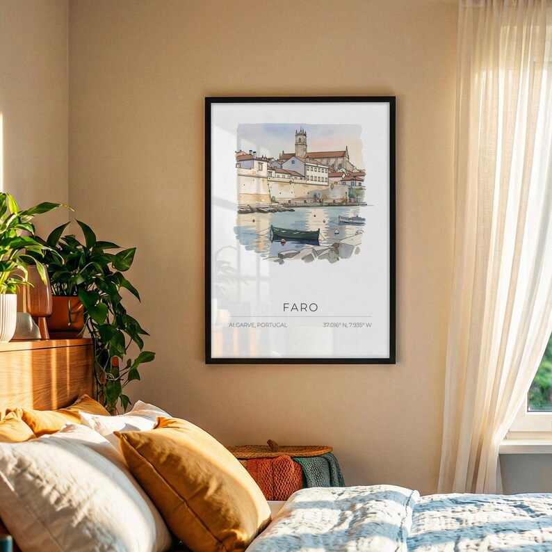 Poster Faro - watercolor, pastel, coastal cityscape, UNFRAMED image 3
