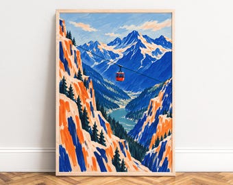 May include: A framed art print featuring a vibrant mountain landscape with orange and blue rocky cliffs, dark green pine trees, a winding river in the valley, and a bright red cable car suspended on a wire against a backdrop of snowy peaks.
