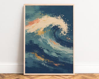 May include: A rectangular wall art print in a light wood frame featuring an abstract painting of a crashing ocean wave. The artwork uses textured brushstrokes in shades of deep navy blue, teal, muted cream, and soft peach, creating a dynamic motion.