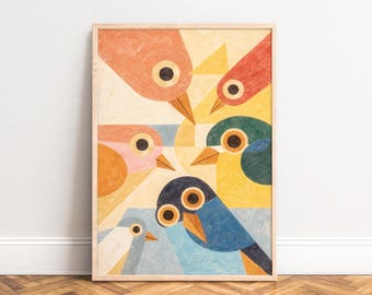 Poster abstract geometric birds,  Mid-Century style,  pastel retro color palette,  playful modern illustration print,  wall decor art