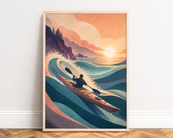 Kayak Poster, Retro Travel Wall Art, Blue Coral, Living Room Office, Gift for Outdoor Fans A1/A2/A3/A4