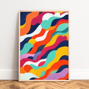 Poster,  abstract wave art,  colorful retro palette,  mid-century print,  vibrant modern wall decor,  living room gift office statement