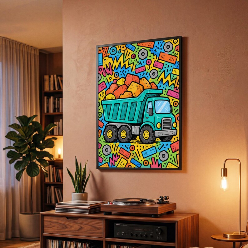 Dump Truck Poster, Colorful Doodle Art, Teal Yellow, Kids Room Wall Art ...