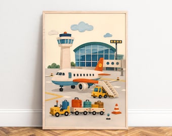 Airport Poster, Vintage Kids Wall Art, Blue Orange, Nursery Decor, Gift for Boys A1/A2/A3/A4