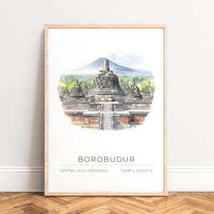 Poster Borobudur Tempel - Aquarell-Illustration, sanfte Palette, Reise-Erinnerung, UNGERAHMT