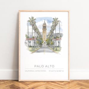 Palo Alto Poster - palm-lined avenue watercolor,  city line drawing,  California print,  UNGERAHMT