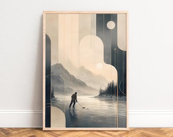 Ice Hockey Poster, Vintage Landscape Wall Art, Blue Beige, Living Room Office, Gift for Sports Fans A1/A2/A3/A4