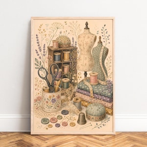 Può includere: Una stampa artistica incorniciata con un'illustrazione a tema cucito, raffigurante due manichini, rocchetti di filo in un organizer in legno, una tazza in ceramica floreale con forbici, pile di tessuti, un ditale, bottoni e puntaspilli.