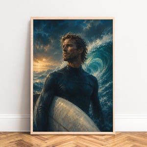 Könnte beinhalten: Gerahmter Kunstdruck eines Surfers in einem dunkelblauen Neoprenanzug, der ein Surfbrett hält, vor dem Hintergrund einer großen Ozeanwelle. Das Kunstwerk zeigt einen Mann mit welligem Haar, der zum Horizont blickt, mit einem dramatischen Himmel.