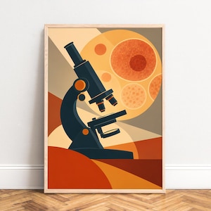 May include: A framed art print featuring a dark blue microscope positioned against a background of abstract geometric shapes in shades of orange, yellow, and beige, with circular patterns resembling cells or planets behind the instrument.