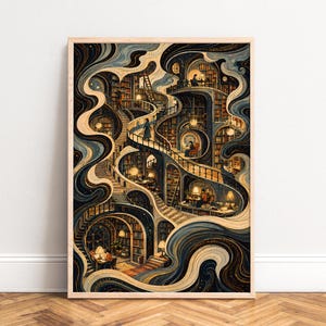 May include: A vertical art print featuring a multi-level library with winding staircases, numerous bookshelves, and warm glowing lamps. The composition is framed by swirling, abstract dark blue and cream-colored patterns that create a sense of movement.