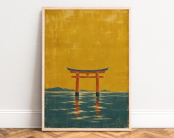 May include: A framed wall art print featuring a red torii gate standing in dark teal water against a solid mustard yellow sky. The composition includes a reflection of the gate in the water and distant blue hills on the horizon line.