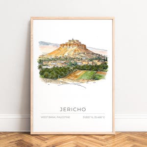 Jericho poster,  West Bank watercolor cityscape with palms & fields,  hilltop fortress illustration,  UNFRAMED