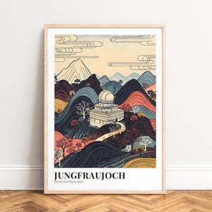 Affiche de voyage Observatoire Jungfraujoch, illustration de collines superposées, bleu marine, turquoise et corail, SANS CADRE