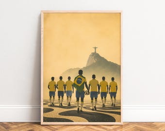 Brazil Football Poster, Retro Sports Wall Art, Yellow Green, Living Room Game Room, Fan Gift 50x70