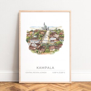 Kampala Poster - Stadtansicht Wandkunst,  Uganda Reiseprint,  Moschee Skyline Illustration,  Aquarell Ort,  grüner Dom,  UNGERAHMT