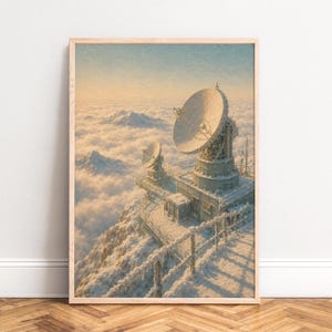 Op de afbeelding: Een ingelijste verticale kunstdruk met een hooggelegen onderzoeksstation met twee grote satellietschotels op een besneeuwde bergtop boven een dik wolkendek, verlicht door het zachte licht van een zonsopgang of zonsondergang.